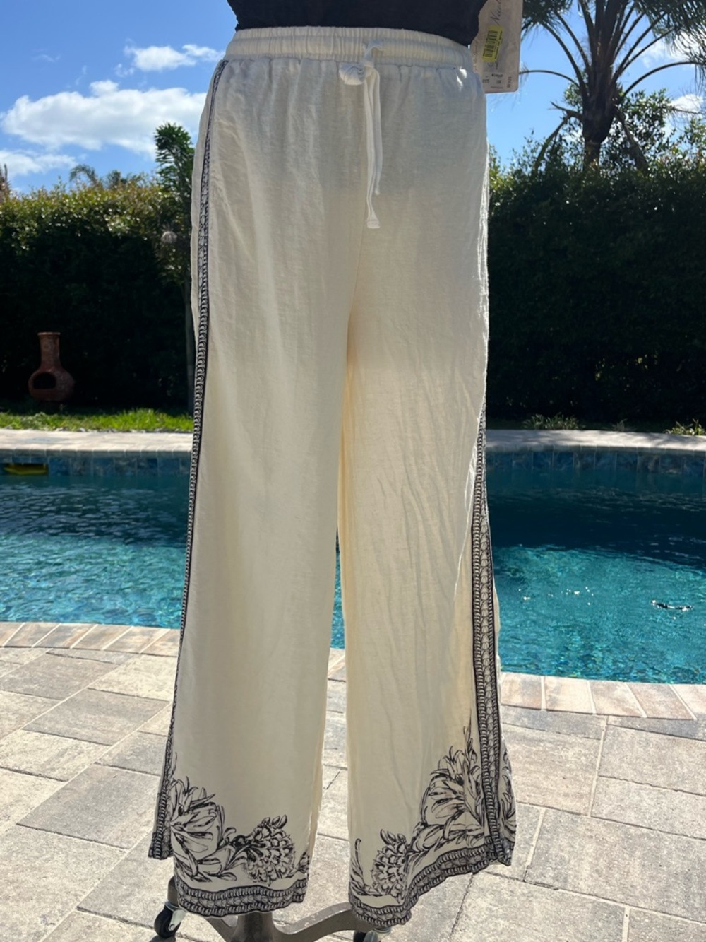 Cream Wide-Leg Embroidered Linen Blend Pants Small - Picture 5 of 5